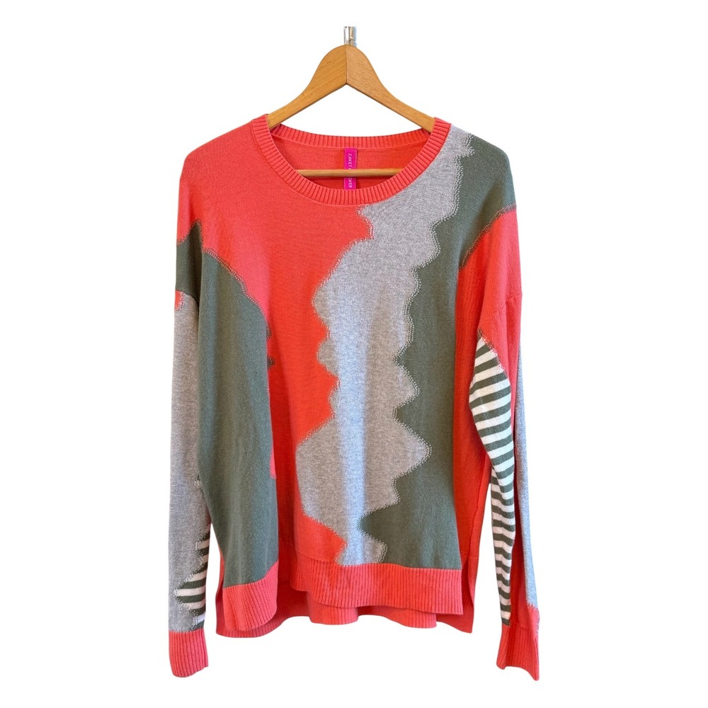 Zaket & Plover Wmn's L Colorblock Abstract Artsy Striped Casual Crewneck Sweater